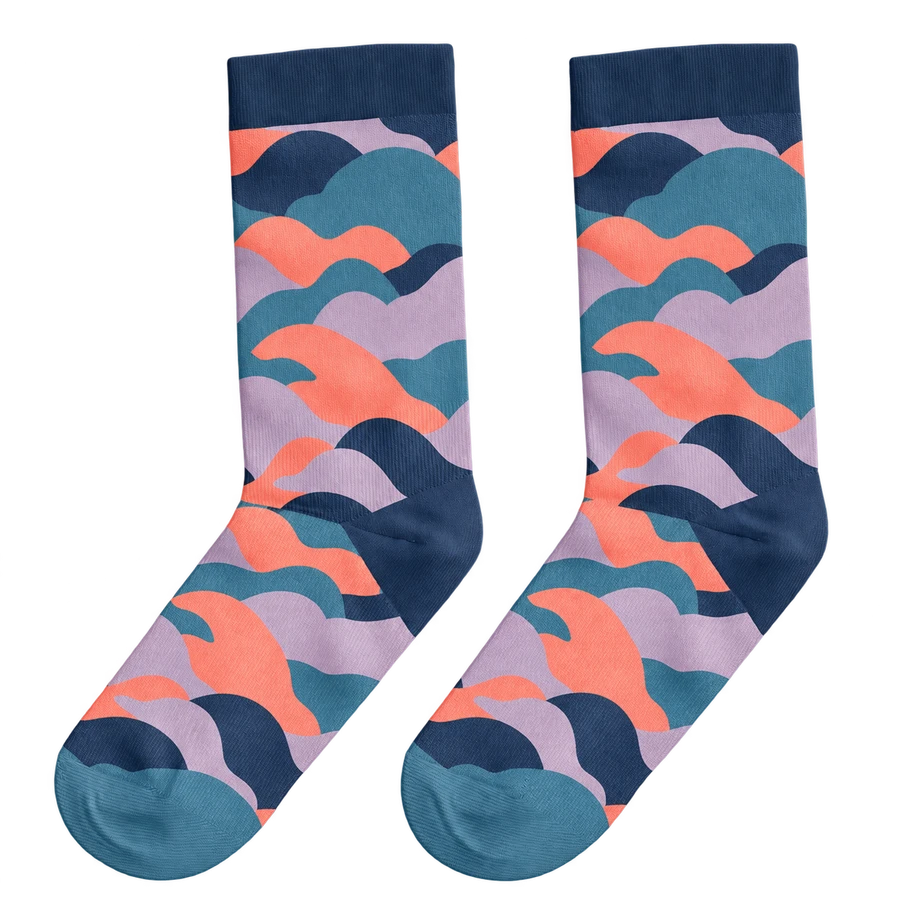 Mystic Clouds crew sock pair in navy, smoke blue, coral and lilac